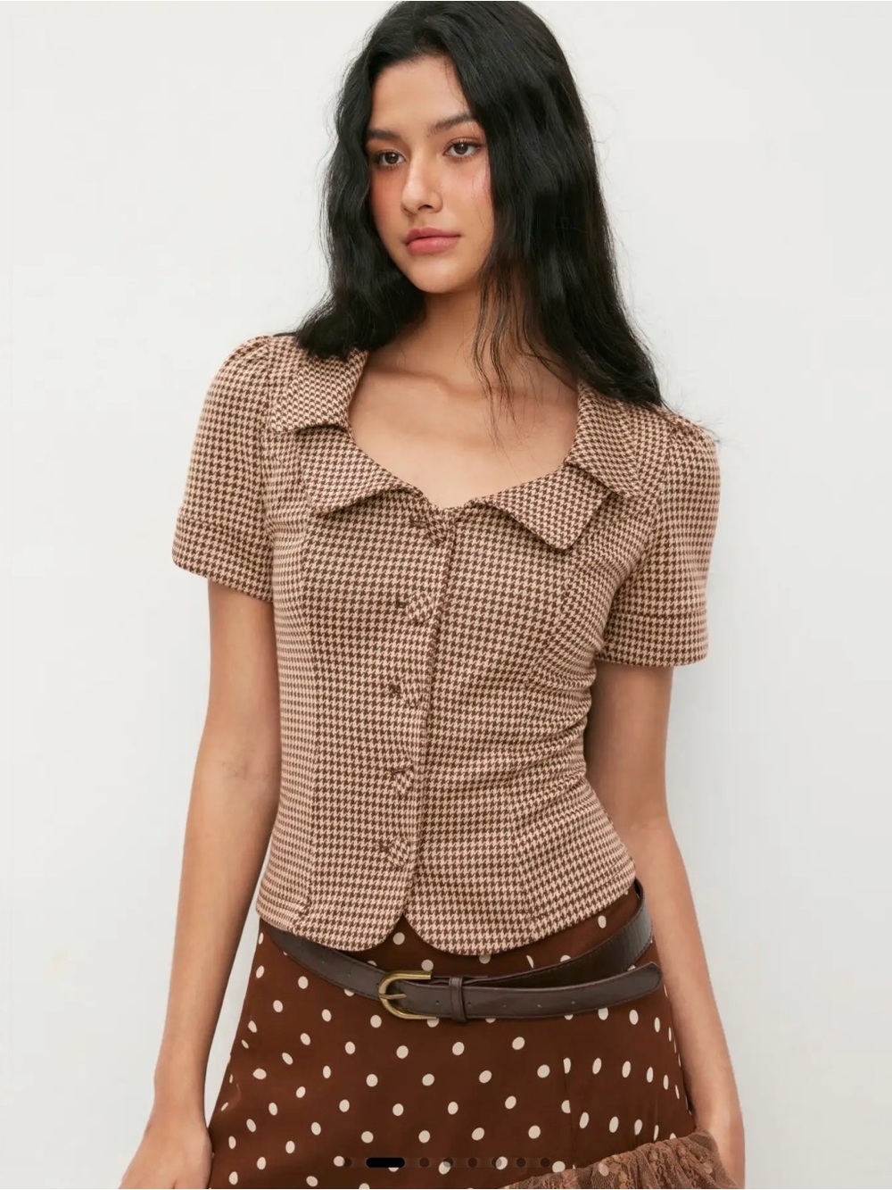 Cider Brown Houndstooth Short-Sleeve Button Front Top NWT - size XL runs small